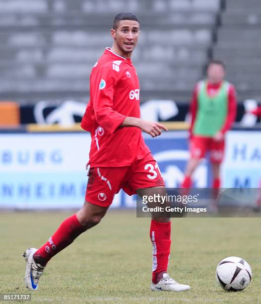 Mounir Chaftar of Kickers Offenbach in action during the 3. Liga match between Dynamo Dresden and Kickers Offenbach at the Rudolf Harbig Stadion on...