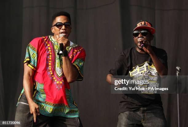 Tip and Phife Dawg of A Tribe Called Quest performing on the Main Stage at the Yahoo! Wireless Festival, at the Queen Elizabeth Olympic Park in east...