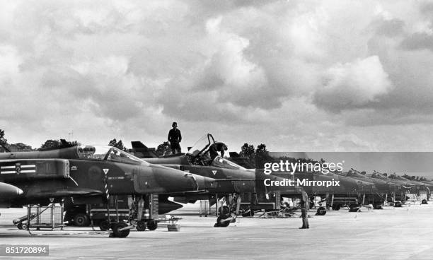 Jaguar GR3A's of 54 Squadron seen being prepared at RAF Coltishall for a bombing run on the Otterburn ranges 5th August 1987.