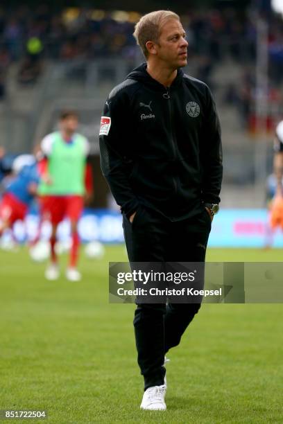 Head coach Markus Anfang of Kiel looks on prior to the Second Bundesliga match between MSV Duisburg and Holstein Kiel at Schauinsland-Reisen-Arena on...