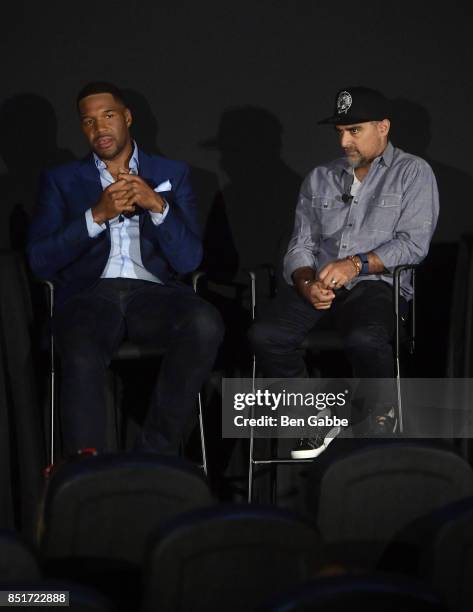 Michael Strahan and Gotham Chopra attend the Tribeca TV Festival season premiere of Religion of Sports at Cinepolis Chelsea on September 22, 2017 in...