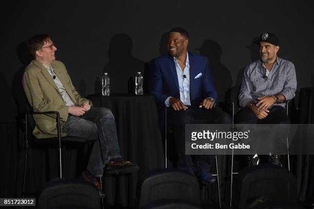 Brent Lang, Michael Strahan and Gotham Chopra attend the Tribeca TV Festival season premiere of Religion of Sports at Cinepolis Chelsea on September...