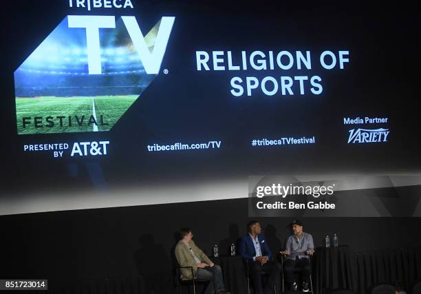 Brent Lang, Michael Strahan and Gotham Chopra attend the Tribeca TV Festival season premiere of Religion of Sports at Cinepolis Chelsea on September...