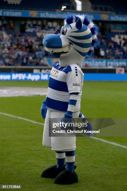 Mascot Ennatz is seen during the Second Bundesliga match between MSV Duisburg and Holstein Kiel at Schauinsland-Reisen-Arena on September 22, 2017 in...