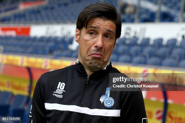 Head coach Ilia Gruev of Duisburg looks thoughtful prior to the Second Bundesliga match between MSV Duisburg and Holstein Kiel at...