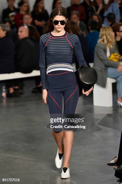Model walks the runway at the Sportmax Spring Summer 2018 fashion show during Milan Fashion Week on September 22, 2017 in Milan, Italy.