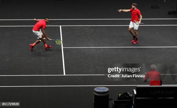 Nick Kyrgios and Jack Sock of Team World celebrate winning match point during there doubles match against Tomas Berdych and Rafael Nadal of Team...