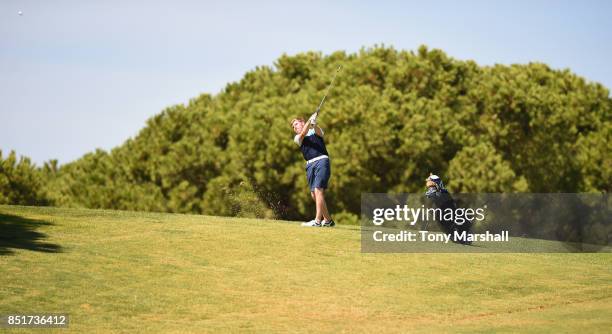 Jack Frances of Old Fold Manor Golf Club plays his second shot on the 17th fairway during The Lombard Trophy Final - Day Two on September 22, 2017 in...