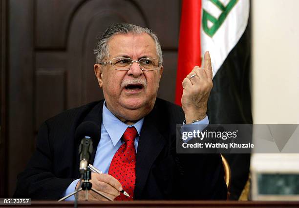 Iraqi President Jalal Talabani is seen during a press conference with Iran's former president Akbar Hashemi Rafsanjani of Iran on March 2, 2009 at...