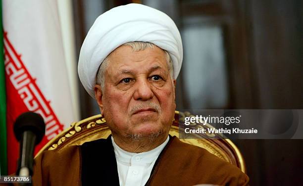 Former Iranian President Akbar Hashemi Rafsanjani is seen durinig a press conference with Iraqi President Jalal Talabani on March 2, 2009 at the...