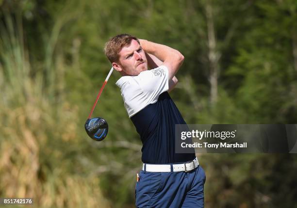 Jack Frances of Old Fold Manor Golf Club plays his first shot on the 1st play off hole during The Lombard Trophy Final - Day Two on September 22,...