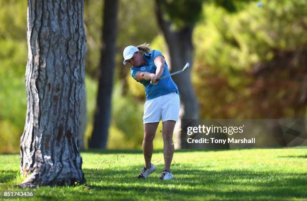 Kym Larratt of Kibworth Golf Club plays her second shot on the 18th fairway during The WPGA Lombard Trophy Final - Day Two on September 22, 2017 in...