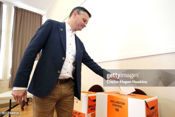 Green Party co-leader James Shaw votes at Aro Valley Community Centre on September 23, 2017 in Wellington, New Zealand. Voters head to the polls...