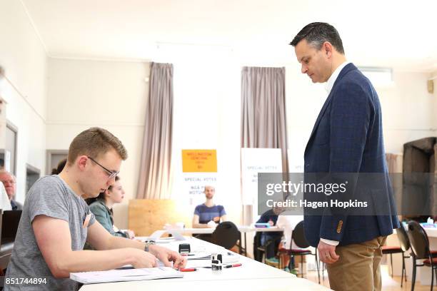 Green Party co-leader James Shaw prepares to vote at Aro Valley Community Centre on September 23, 2017 in Wellington, New Zealand. Voters head to the...