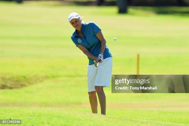 Trish Formoy of Kibworth Golf Club chips on to the 8th green during The WPGA Lombard Trophy Final - Day Two on September 22, 2017 in Albufeira,...