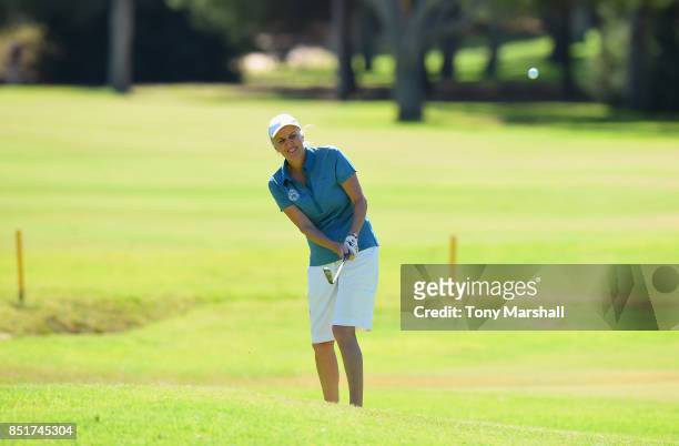 Trish Formoy of Kibworth Golf Club chips on to the 8th green during The WPGA Lombard Trophy Final - Day Two on September 22, 2017 in Albufeira,...