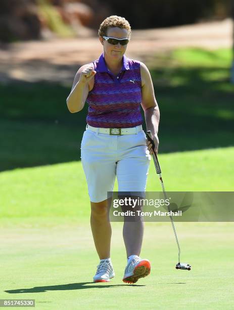 Alison Gray of Ormskirk Golf Club celebrates making a birdie on the 8th green during The WPGA Lombard Trophy Final - Day Two on September 22, 2017 in...