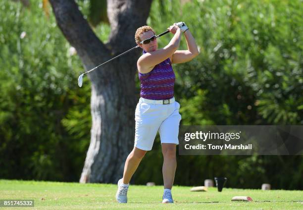 Alison Gray of Ormskirk Golf Club plays her first shot on the 9th tee during The WPGA Lombard Trophy Final - Day Two on September 22, 2017 in...