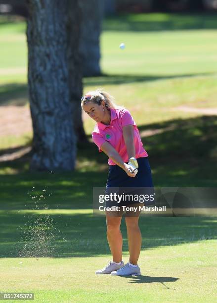 Suzanne Dickens of Nene Park Golf Club chips on to the 8th green during The WPGA Lombard Trophy Final - Day Two on September 22, 2017 in Albufeira,...