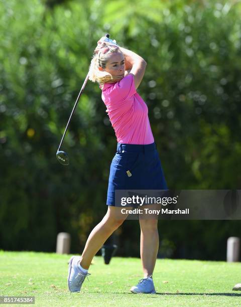 Suzanne Dickens of Nene Park Golf Club plays her first shot on the 9th tee during The WPGA Lombard Trophy Final - Day Two on September 22, 2017 in...