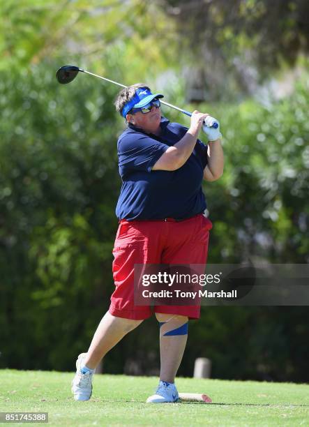 Claire Duffy of Bramshaw Golf Club plays her first shot on the 9th tee during The WPGA Lombard Trophy Final - Day Two on September 22, 2017 in...