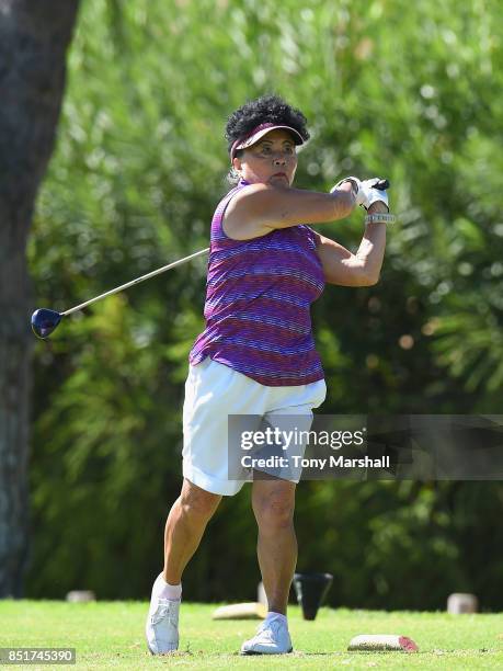 Doreen Hesketh of Ormskirk Golf Club plays her first shot on the 9th tee during The WPGA Lombard Trophy Final - Day Two on September 22, 2017 in...