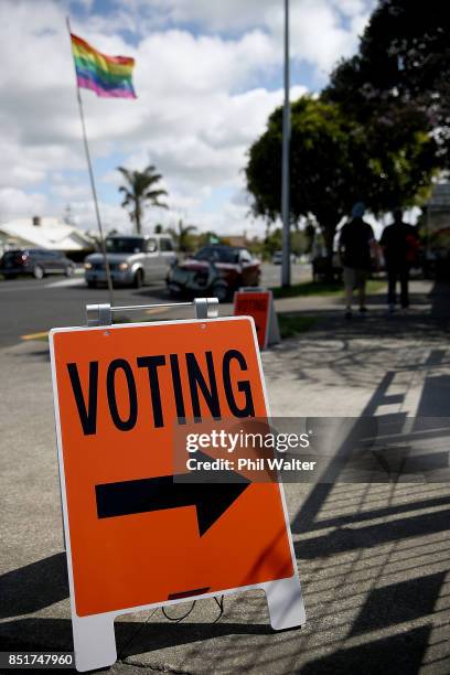 Signs direct voters to polling booths during Election Day on September 23, 2017 in Auckland, New Zealand. Voters head to the polls today to elect the...