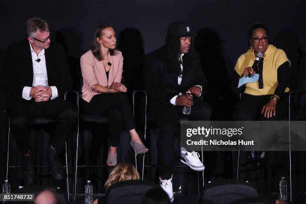 Jon Sinclair, Keayr Braxton, Shaka Senghor and Oprah Winfrey speak at the Tribeca TV Festival series premiere of Released at Cinepolis Chelsea on...