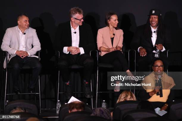 Vee Bravo, Jon Sinclair, Keayr Braxton, Shaka Senghor and Oprah Winfrey speak at the Tribeca TV Festival series premiere of Released at Cinepolis...