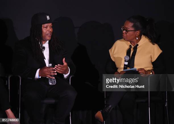 Shaka Senghor and Oprah Winfrey speak at the Tribeca TV Festival series premiere of Released at Cinepolis Chelsea on September 22, 2017 in New York...
