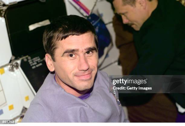 Cosmonaut Yuri I. Malenchenko, mission specialist representing the Russian Aviation and Space Agency, begins to organize affairs September 8, 2000...