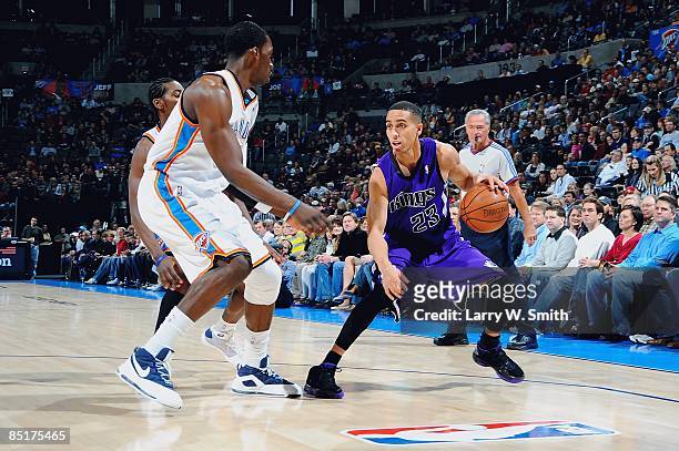 Kevin Martin of the Sacramento Kings drives the ball against Jeff Green of the Oklahoma City Thunder during the game on February 8, 2009 at the Ford...