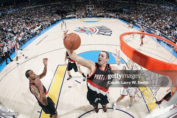 Joel Przybilla of the Portland Trail Blazers rebounds the ball during the game against the Oklahoma City Thunder on February 6, 2009 at the Ford...