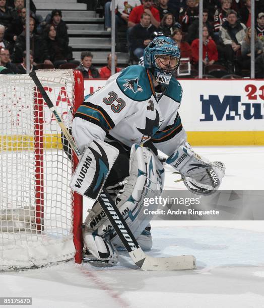 Brian Boucher of the San Jose Sharks guards his net against the Ottawa Senators at Scotiabank Place on February 26, 2009 in Ottawa, Ontario, Canada.