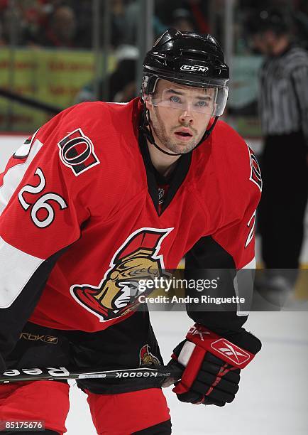 Ryan Shannon of the Ottawa Senators looks on during a stoppage in play against the San Jose Sharks at Scotiabank Place on February 26, 2009 in...