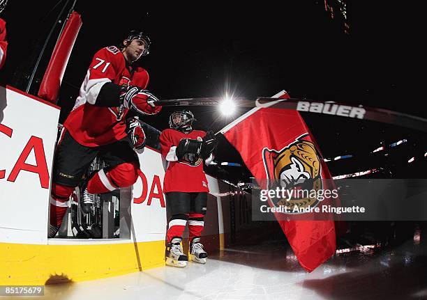 Nick Foligno of the Ottawa Senators steps onto the ice during player introductions prior to a game against the San Jose Sharks at Scotiabank Place on...