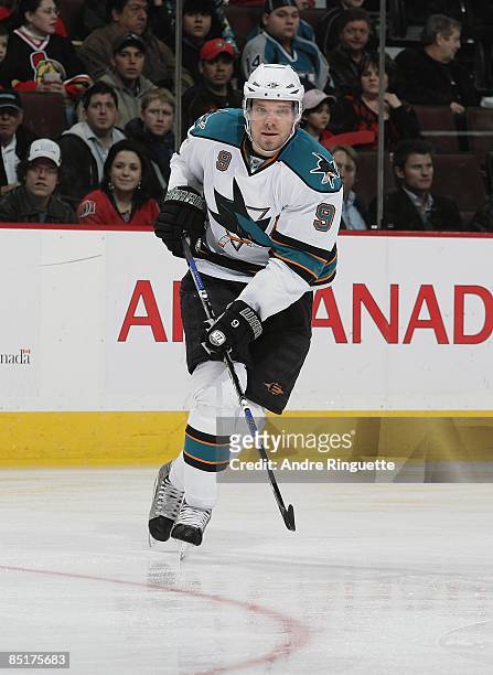 Milan Michalek of the San Jose Sharks skates against the Ottawa Senators at Scotiabank Place on February 26, 2009 in Ottawa, Ontario, Canada.