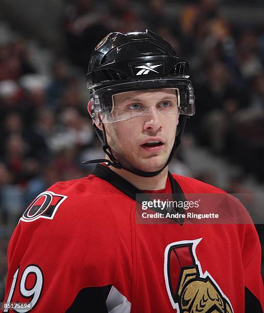 Jason Spezza of the Ottawa Senators looks on during a stoppage in play against the San Jose Sharks at Scotiabank Place on February 26, 2009 in...