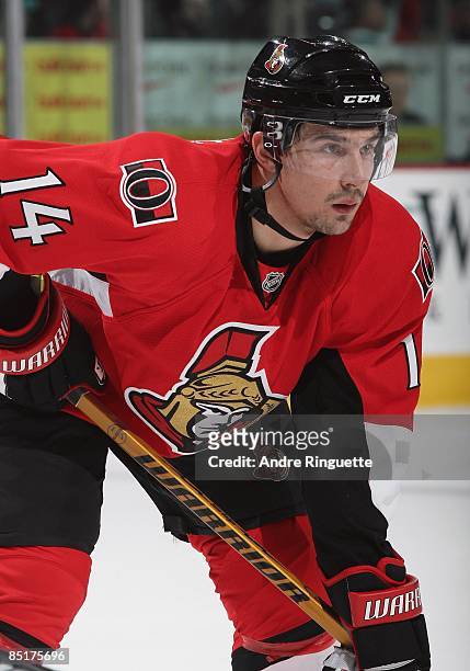 Chris Campoli of the Ottawa Senators prepares for a faceoff against the San Jose Sharks at Scotiabank Place on February 26, 2009 in Ottawa, Ontario,...