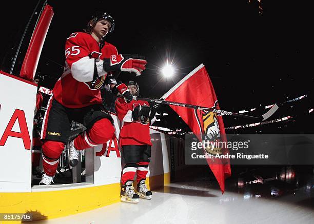 Brian Lee of the Ottawa Senators steps onto the ice during player introductions prior to a game against the San Jose Sharks at Scotiabank Place on...
