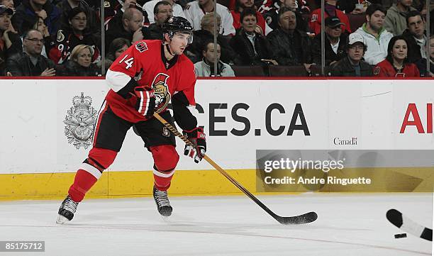 Chris Campoli of the Ottawa Senators skates against the San Jose Sharks at Scotiabank Place on February 26, 2009 in Ottawa, Ontario, Canada.