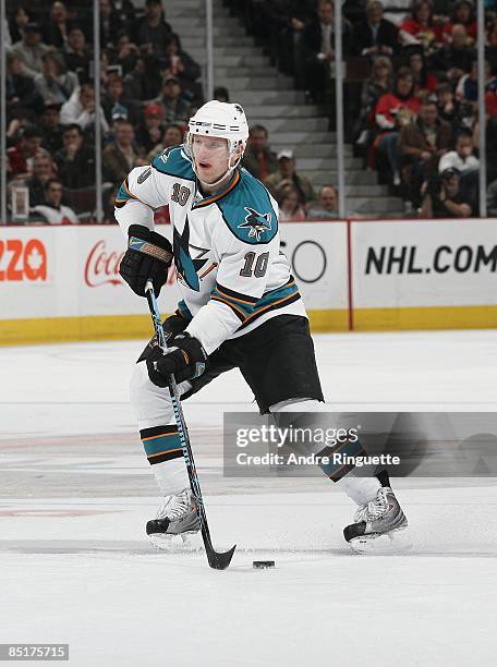 Christian Ehrhoff of the San Jose Sharks skates against the Ottawa Senators at Scotiabank Place on February 26, 2009 in Ottawa, Ontario, Canada.