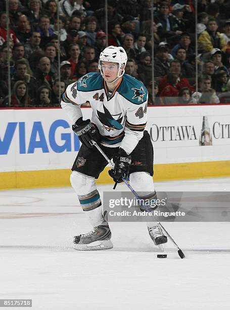 Marc-Edouard Vlasic of the San Jose Sharks skates against the Ottawa Senators at Scotiabank Place on February 26, 2009 in Ottawa, Ontario, Canada.