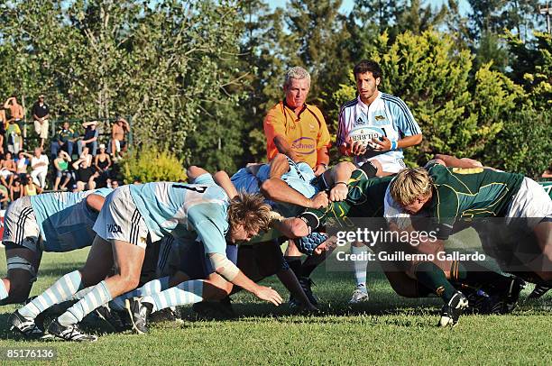 Players scrum during an under-20 rugby friendly match between Argentina and South Africa on February 28, 2009 in La Plata, Argentina. South Africa...