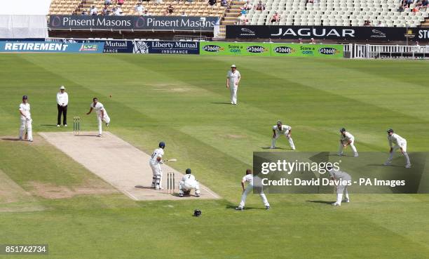 Nottinghamshire's Samit Patel bowls to Warwickshire's Ateeq Javid with three fielders in the covers during the LV=County Championship Division One...