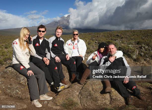 Fearne Cotton, Ben Shephard, Ronan Keating anf Denise Van Outen trek up Kilimanjaro on the second day of The BT Red Nose Climb of Kilimanjaro on...