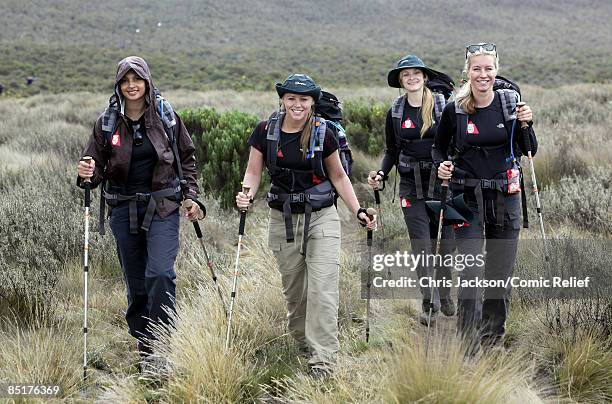 Alesha Dixon, Kimberley Walsh, Fearne Cotton and Denise Van Outen trek up Kilimanjaro on the second day of The BT Red Nose Climb of Kilimanjaro on...