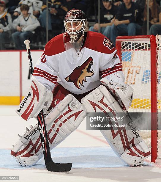 Ilya Bryzgalov of the Phoenix Coyotes eyes the play against the Nashville Predators on February 26, 2009 at the Sommet Center in Nashville, Tennessee.