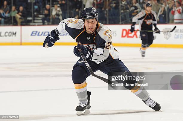 Jordin Tootoo of the Nashville Predators skates against the Detroit Red Wings on February 28, 2009 at the Sommet Center in Nashville, Tennessee.