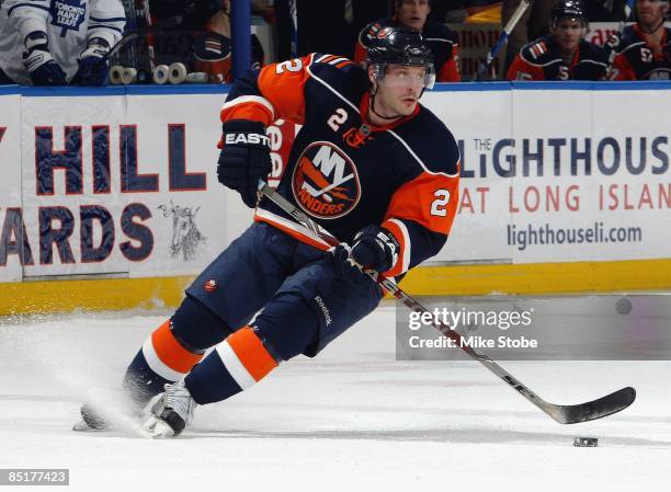 Mark Streit of the New York Islanders skates against the Toronto Maple Leafs on February 26, 2009 at Nassau Coliseum in Uniondale, New York. Maple...